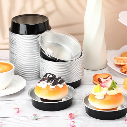 Yinder 8 oz Disposable Creme Brulee Ramekins with Lids, 4 Inch Mini Pie Tins Aluminum Foil Pie Tart Cake Baking Pans Individual Round Containers Oven Safe(Black & Silver,120 Pcs) - color: Black & Silver