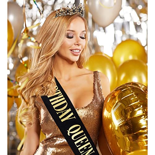 "BIRTHDAY QUEEN" Sash and Tiara for Women Crystal Tiara and Satin Kit for Girl Rhinestones Crown with Comb Glitter Hair Accessories for Prom Party Decoration Cake Topper Accessory Set with Pin - color: Black Gold Tiara+Black Gold Sash