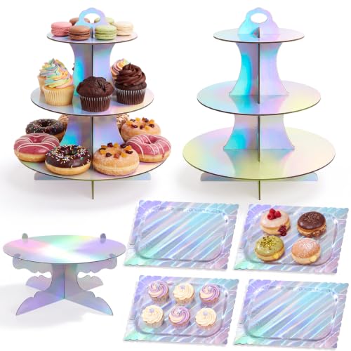 Zopeal 7 Pcs Dessert Table Display Set 3 Tiered Cupcake Stand, Laser Silver - color: Laser Silver