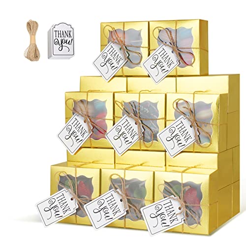 KPOSIYA 10pcs Small Cookie Boxes with Window, 4x4x2.5 Gold Bakery Box - color: Gold, size: 10