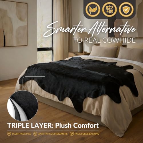 Faux Cowhide Rug 4'3"x5'7" - Black Cow Print Rug, Washable, Non-Shedding - color: Black, size: 4'4" x 5'8" (Medium)