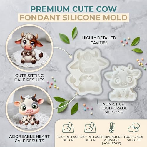 2Pcs Cow Silicone Fondant Mold with Heart-Hands for Cake Decorating - color: Highland Cow Silicone Mold