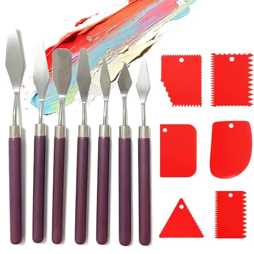 Painting Palette Knife Set - 7pcs Stainless Steel Palette Knife, 6pcs Plastic Drawing Scrapers Oil Painting Accessories for Oil Acrylic-Painting Cake Decorating Canvas