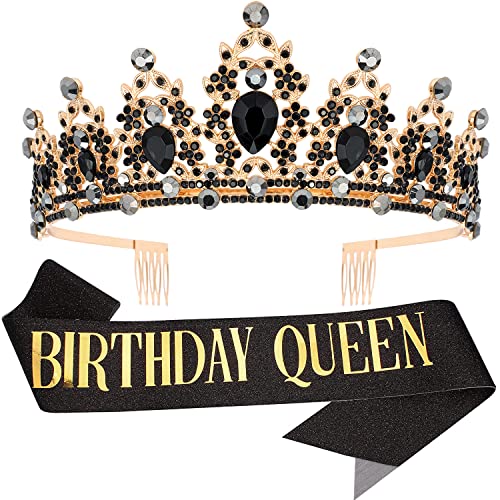 "BIRTHDAY QUEEN" Sash and Tiara for Women Crystal Tiara and Satin Kit for Girl Rhinestones Crown with Comb Glitter Hair Accessories for Prom Party Decoration Cake Topper Accessory Set with Pin - color: Black Gold Tiara+Black Gold Sash
