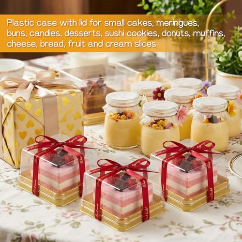200 Set 3" Mini Cupcake Containers, Clear Plastic Square Containers with Lids Small Cupcake Boxes Muffin Pod Dome Muffin Single Individual Packing Box for Wedding Birthday Party(Gold)