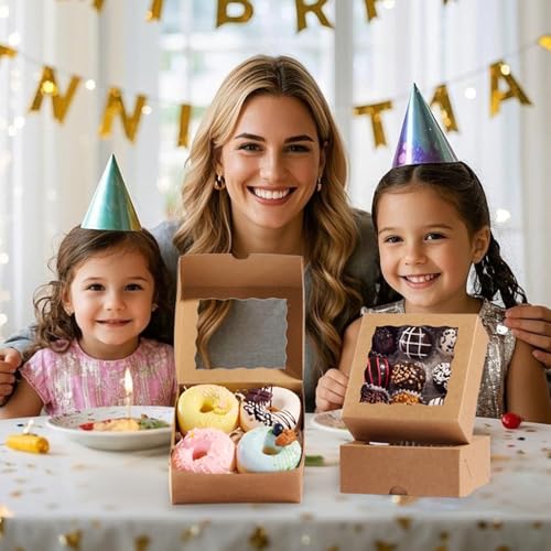 50 Pcs Bakery Boxes - 5x5x2 Inch with Window - Cookies, Mini Cakes, Chocolate Covered Strawberries, Macarons, Pies & Brownie Boxes - color: Brown