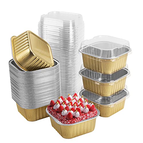 50 Pcs Mini Square Baking Cups with Lids,10oz Aluminum Foil Mini Cake Pans with Lids,Disposable Ramekins Cake Pans,300ml Dessert Cups Cupcake Pans for Wedding Birthday Party,Gold - color: Gold, size: 10oz
