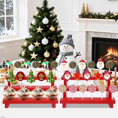 3 Tier Cake Pop Stand, 2 Pack Red 17 Hole Wood Lollipop Display Rack - color: Red-2P-17 Hole