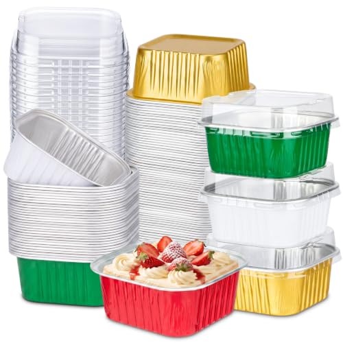 Skylety 100 Pcs 5oz Mini Square Cake Pans with Lids, Christmas Mix - color: Christmas Mix