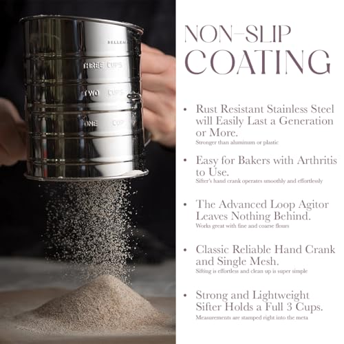 Bellemain 3 Cup Flour Sifter for Baking Fine Mesh Rotary Hand Crank with Loop Agitator for Quick Sifting, Flour Sifter Stainlees Steel (Pack of 2) - size: 3 Cup (Pack of 2)