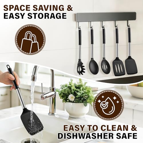 5Pcs Silicone Cooking Utensils Set, Heat Resistant Kitchen Tools Include Solid&Slotted Spatula, Cooking Spoon and Pasta Server, Silicone Kitchen Utensils set for Nonstick Cookware Flipping, Black - color: Black