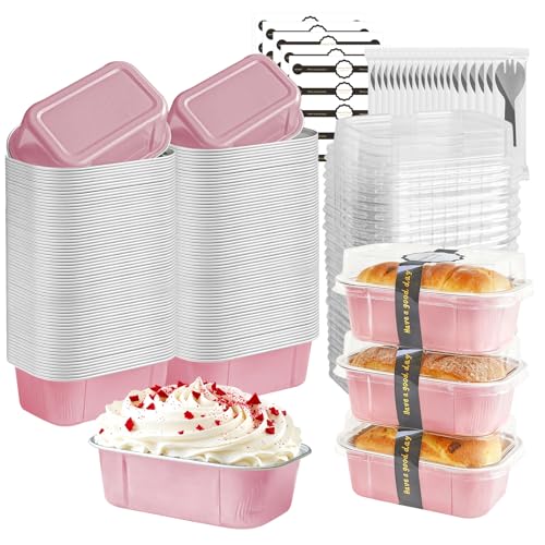 mini loaf pans with lids and spoons 50 Pack,5.5 oz Rectangle mini individual cake tins Disposable Small Aluminum Foil Baking pans(50, Pink) - color: Pink