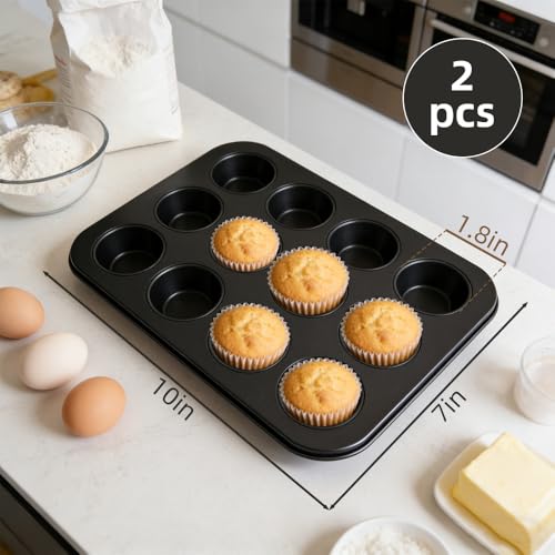 Mini Muffin Pan 12 Cups, 2 PCS Nonstick Cupcake Baking Pans Bakeware Carbon Steel Muffin Pan for muffins cupcakes