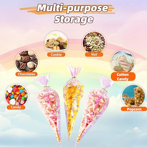 MITOB 50 Pack Cone Shaped Clear Cellophane Treat Bags with Twist Ties - size: 7.3x12 inch (Cone Shaped)
