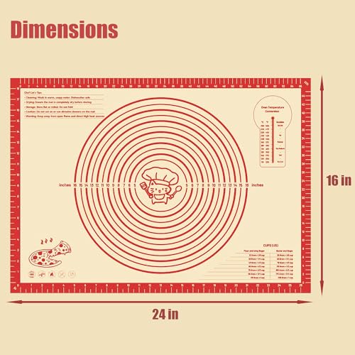 28" x 20" Silicone Baking Mat with Measurements, Red