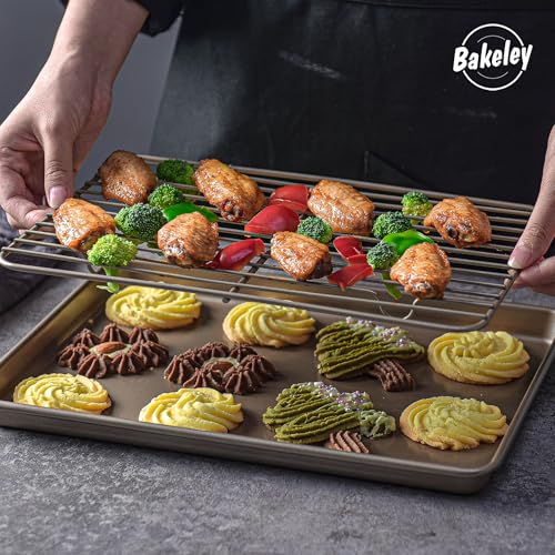 13-inch Baking Sheet Pan with Rack, Non-Stick Rectangular Shallow Dish Sheet Pan with Wire Rack for Oven Baking, BBQ, Jelly Roll and Roasting 13.5" x 9.6" x 1" (Champagne Gold) - size: 13 Inch