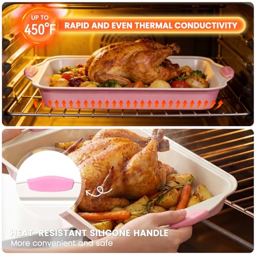 Kikcoin 22 PCS Nonstick Baking Pans Set, Stackable Bakeware Sets with Silicone Handles, 450°F Oven Safe Baking Sheet Set, Easy Release Cookie Sheets for Baking, Pink - color: Pink