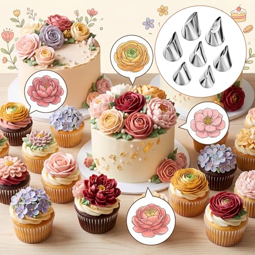 7 Pcs Rose Flower Piping Tips, Stainless Steel Petal Icing Tips Fondant Rose Nozzle Pastry Tools for Cake Decorating
