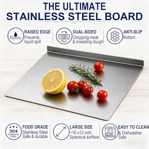 Stainless Steel Cutting Board with Counter Lip,Metal Pastry Board Kitchen - size: 16"L x 11.8"W