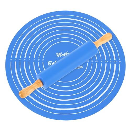 uxcell 6.7 Inch Silicone Rolling Pin and Pastry Baking Mat Set Small Dough Roller with Wood Handle for Pizza Pastry Fondant Home Kitchen, Blue - color: Blue