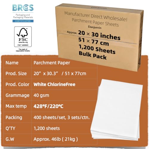 20x30" 1200 Bulk Sheets Commercial Heavy-Duty Extra Large Parchment Paper - color: White, size: 20"×30.3" (51×77cm) - 1200 sheets