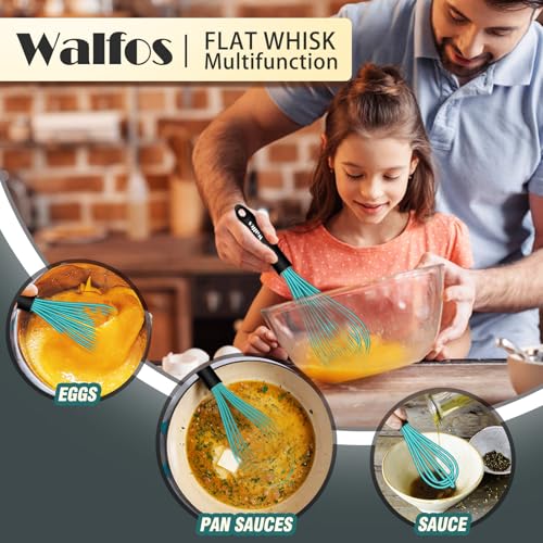 Walfos Silicone whisk,Whisks for Cooking Non Scratch, BPA Free whisk set of 4, 7+9+11in Balloon Whisks & 11in Flat Whisk, Heat Resistant(480°F).Great for Cooking in Pans, Baking, Whisking.Blue - color: 4pcs Blue; 7+9+11in & 11in（flat）