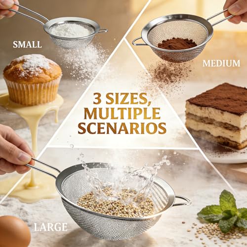 Anaeat Fine Mesh Strainers - Premium Stainless Steel Colander Sieve Sifters, with Durable Mesh and Sturdy Handle, Excellent for Sifting Dry ingredients, Flour, Pastas, Rice, Tea (2.8"+4.73"+7.09") - color: 2.8" + 4.73" + 7.09" Diameter (Set of 3)