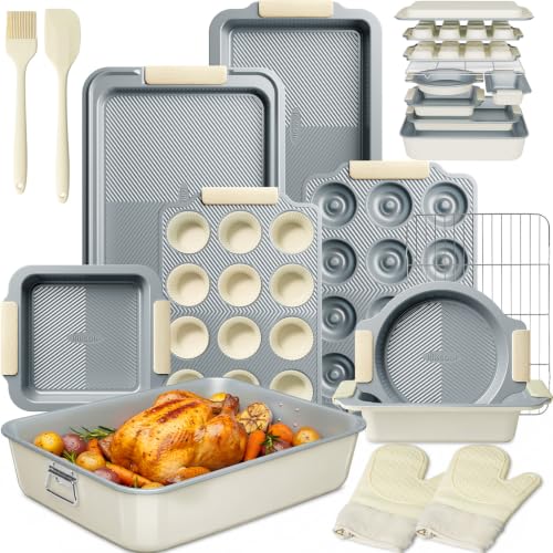 Kikcoin 25-Piece Nonstick Baking Pans Set with Large Turkey Roasting Pan, Stackable Bakeware Set, 450°F Oven Safe Baking Sheet Set with Silicone Handles, Carbon Steel Cookie Sheets for Baking, Cream - color: Cream
