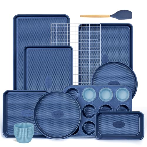 HONGBAKE 22-Piece Baking Pans Set Nonstick, Stackable Non Toxic Bakeware Sets with Diamond Texture, Oven Pan Set for Cooking, Includes Cookie Sheet with Rack, Cake Pan, Roasting Pan, Muffin Tin, Blue - color: Sapphire Blue