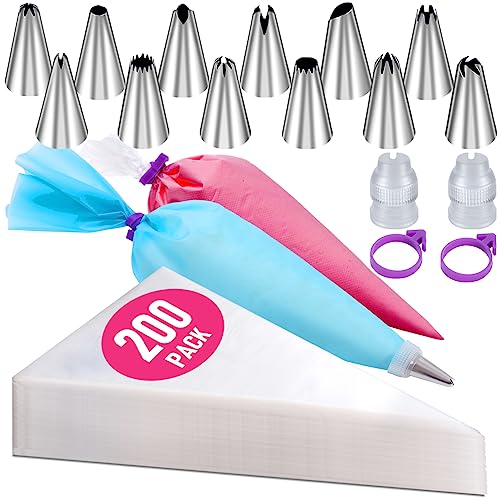 200Pcs Piping Bags and Tips Set, 12 Inch Pastry Bags, Icing Bags - size: 12 Inch with Tips（200Pcs）