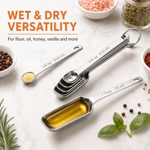 Stainless Steel Measuring Spoons Set of 13, Includes 7 Rectangular Measuring Spoons, 1 Leveler & 5 Tiny Spoons, Compact Spoons Design for Spice Jars, Ideal for Dry and Liquid Ingredients - size: Set of 13