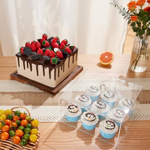 Acacia Wood Cake Stand with Lid,2-in-1 Cake Holder with Dome,Square dome - size: Square 11*11*5.56