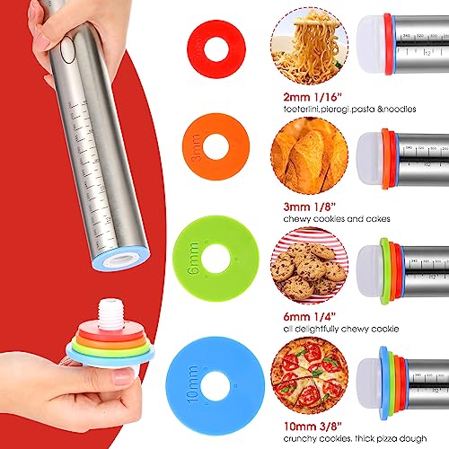 Dandat Rolling Pin Set with Adjustable Rings Baking Mat Cutters, Red - color: Red