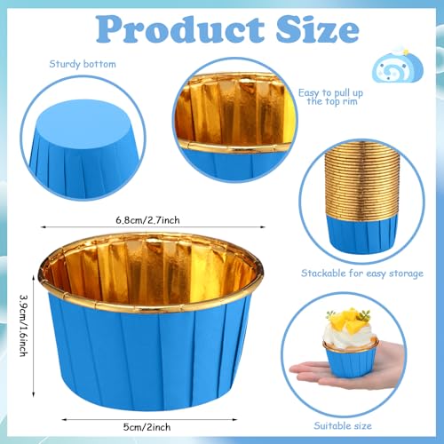 300 Pack Blue Gold Cupcake Liners Bulk Disposable Foil Muffin Cup - color: Blue Gold