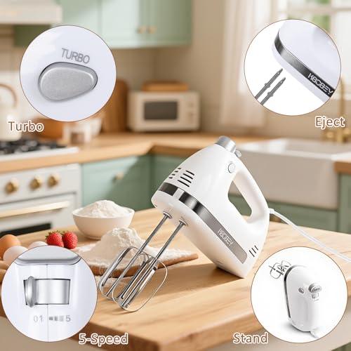 450W Electric Hand Mixer, 5-Speed Handheld Mixer with Storage Case, Turbo & Eject Button, Includes 2 Beaters & 2 Dough Hooks for Baking, Cake, Egg, Cream (White)