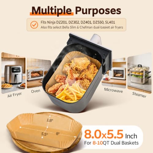 200Pcs Air Fryer Liners for Ninja Dual Airfryer, 8x5.5 Inch Rectangle Disposable Air Fryer Parchment Paper for Ninja DZ201/ DZ401/ DZ550, Bella Slim Airfryer & More, Air Fryer Accessories - size: 200pcs