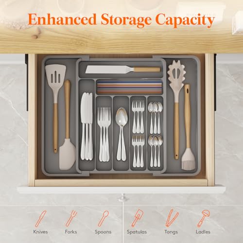Lifewit Expandable Silverware Drawer Organizer, Kitchen Utensil Tray - color: Gray, size: Large Deep（11.8-19.6'W x 15''D）