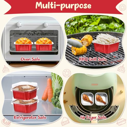 selizo 60 Pack 10oz Mini Disposable Cake Pans with Lids, Aluminum Foil Square Baking Cups, 4.4x4.4 Large Baking Cake Tins Cup Cake Containers with Lids for Individual Cakes - color: Red, size: 10oz