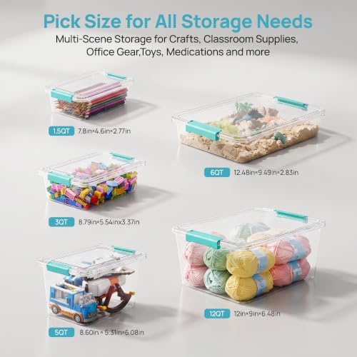 Vtopmart 4 Pack 12 Qt Clear Craft Storage Bins with Lids and Latches - color: Teal, size: 12 Qt