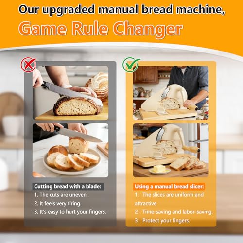 𝐔𝐩𝐠𝐫𝐚𝐝𝐞 Bread Slicer, Manual Bread Slicers with Hand Crank,Sourdough Slicer Manual Adjustable Width,Stainless Steel Blade Metal Guide Rail,Bread Slicer for Homemade Bread, 10 Years Warranty - color: Cream