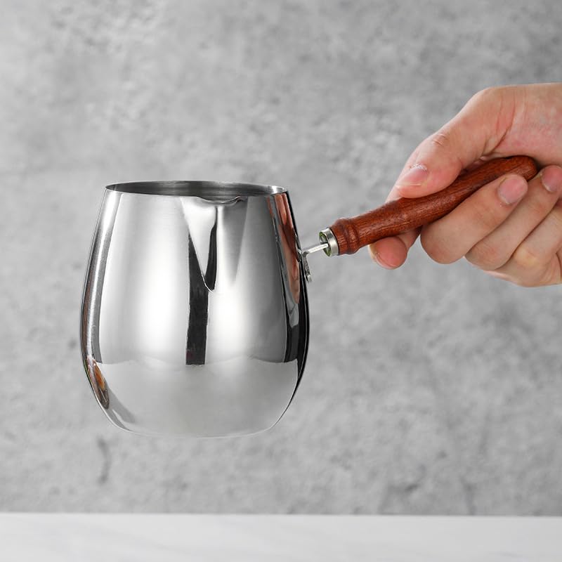Turkish Coffee Pot 14oz/420ml with Wooden Handle, 18/8 Stainless Steel, Cezve Ibrik Briki Stovetop Warmer for Milk Butter Chocolate Melting, Greek Arabic Coffee Maker, Maple Syrup & Sauce Heating Pan - size: 0.4 Quarts