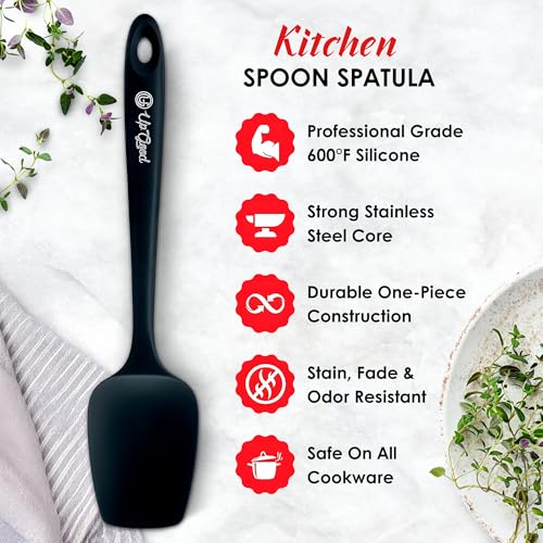 Silicone Spoon Spatula - 600ºF Heat-Resistant Non-Stick Rubber Spoonula | Use as Silicone Kitchen Scraper Utensil - Baking and Cooking Strong Stainless Steel Core | UpGood Kitchen Utensils, (Black) - color: Black