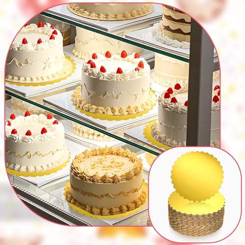 SynHHergyx 50 Pack 10 Inch Gold Cake Boards Round Disposable Cake Circle Base Board Valentine's Day Cake Cardboard Rounds Scallop Edge Grease Proof Coated Plate for Wedding Christmas Birthday