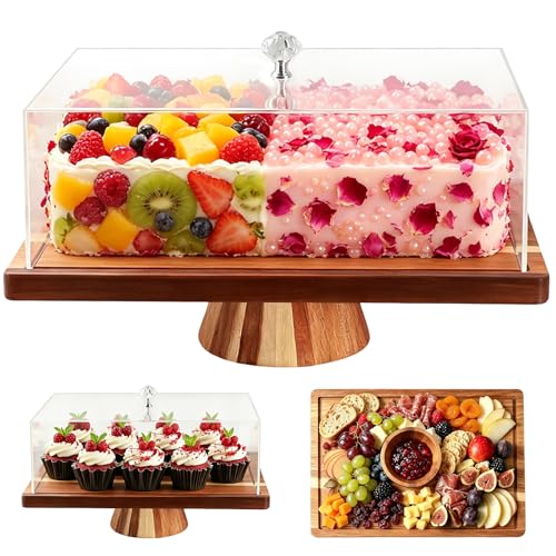 2-in-1 Acacia Wood Rectangular Cake Stand Lid Charcuterie Tray