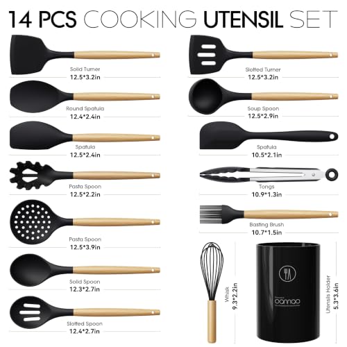 oannao Silicone Cooking Utensils Set Utensil Sets - 446°F Heat Resistant Silicone Kitchen Utensils Set Wooden Handles, Silicone Utensils for Cooking w Holder for Non-Stick Cookware BPA FREE (Black) - color: Black