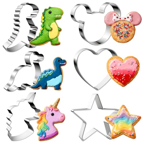Stainless Steel Cookie Cutters, Mickey Unicorn Dinosaur Heart Star - color: 6 Pieces silver