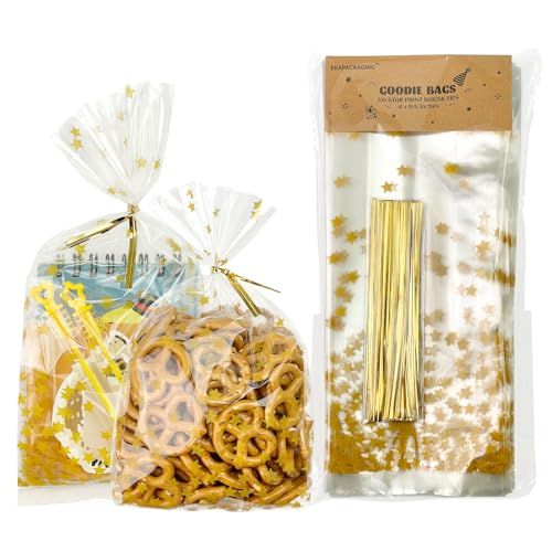 EKAPACKAGING 50 Pcs 4 X 9.5 Inches Star Print Goodie Bags Cellophane Gift Bags For Party Favors With Ties - color: Star