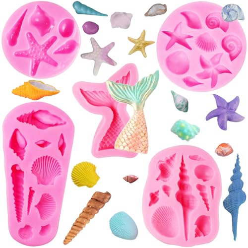 Seashell Silicone Molds, AIMEIKI 5 Pack Marine Theme Cake Fondant Silicone Molds Seashell Conch Starfish Baking Molds for Decorating Cake Candy Chocolate DIY Craft Projects - color: Marine Theme Molds