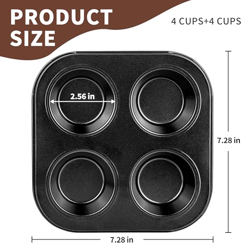2 Pack 4-Cup 6/12/24/48 Cups Round Muffin Pan, Heavy-Duty Carbon Steel Nonstick Cupcake Baking Pan, 2.56” Standard Size Cups, Compact 7.28” Square Design, Oven & Dishwasher Safe - color: 4 Cups 2 Pack