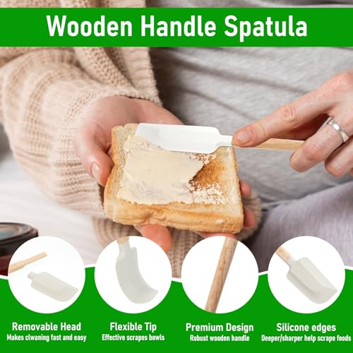 Ptwola 2 Pcs Wooden Handle Spatula Set White Silicone Spatulas Small Scraper Rubber Kitchen Utensil for Chefs Professional Baking Cooking Mixing Jar Bowl Frosting Dishwasher Safe Use